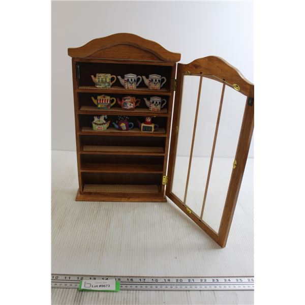 Cabinet with (9) Red Rose Teapot Figurines