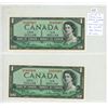 Image 1 : Lot of 2 Consecutive Serial Number 1954 Modified Portrait $1 notes. Beattie-Rasminsky signatures. R/