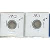 Image 2 : Lot of 2 1911+1912  silver Canadian small 5 cent coin