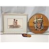 Image 1 : Native American décor - Framed Painting by Dorothy, wooden painted plaque and moosehide coin purse