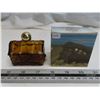 Image 1 : Avon Treasure Chest. Brown Glass Treasure Chest with gold plastic top. Housed in its original cardbo