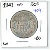 Image 1 : 1941 WD Canadian silver half dollar (.800 silver)