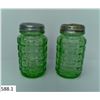 Image 1 : Pair of green Uranium glass salt & pepper shakers - Glows! under UV light