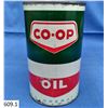 Image 1 : Co-op 1 Quart vintage oil can (tin).  Still full of oil!  Excellent condition.