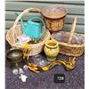 Image 1 : Assorted indoor wicker planter pots, macrame hanger, watering jug, outdoor seeds & tree face.