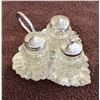 Image 1 : Vintage metal 1950's leaf shaped condiment tray. 3 cut glass shakers with lids - salt, pepper and su