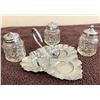 Image 2 : Vintage metal 1950's leaf shaped condiment tray. 3 cut glass shakers with lids - salt, pepper and su