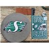 Image 1 : Sask. Rough rider plastic sign, Sask. Rough riders (heavy) cement piece and leather trim