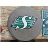 Image 2 : Sask. Rough rider plastic sign, Sask. Rough riders (heavy) cement piece and leather trim