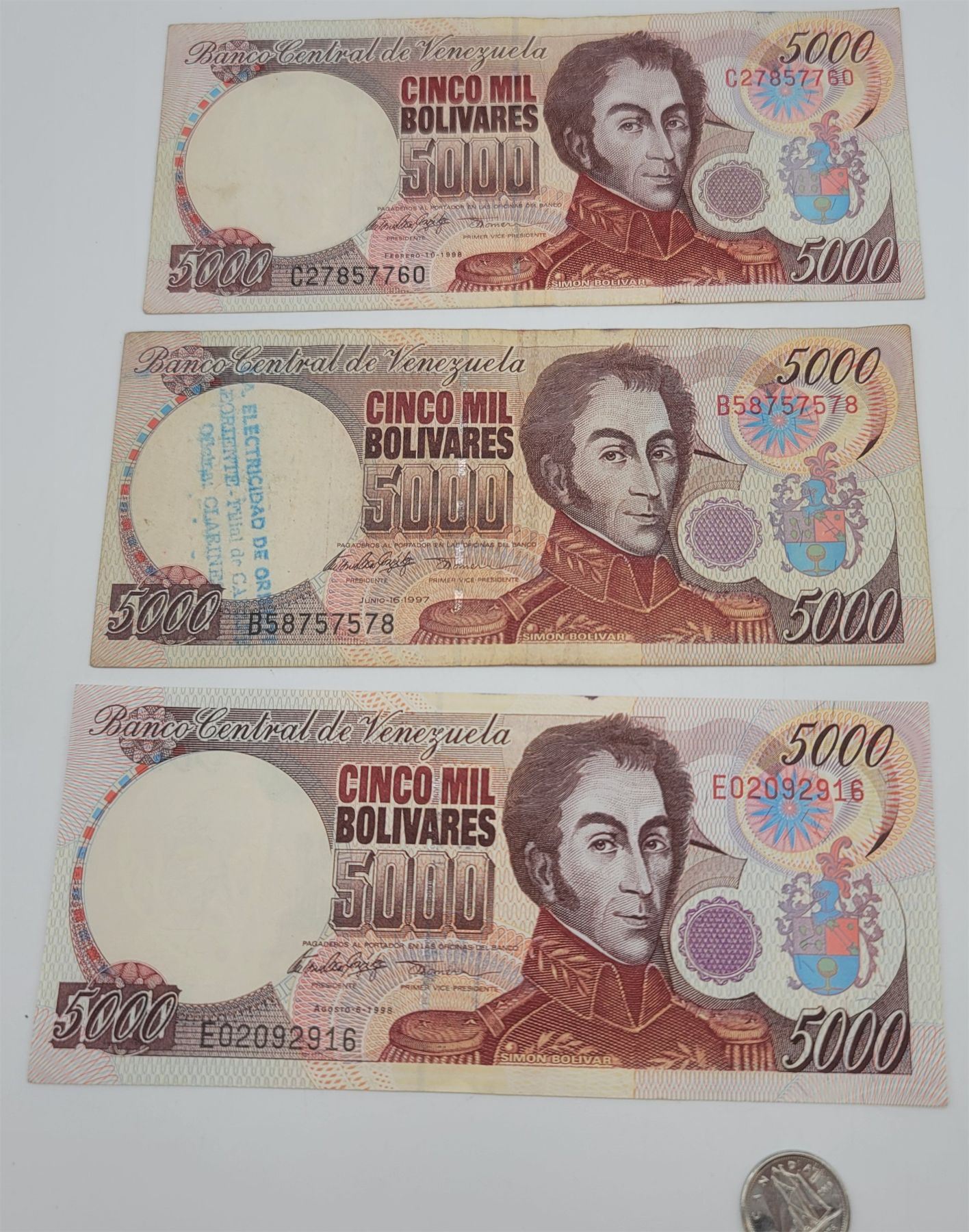 3 Venezuela $5000 Bank Notes