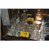 Image 1 : ETCHED CRYSTAL STEMWARE, VINTAGE ETCHED CORDIAL/SHOT GLASSES W/BOTTLE & CANDLESTICKS (17 PCS)