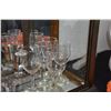 Image 2 : ETCHED CRYSTAL STEMWARE, VINTAGE ETCHED CORDIAL/SHOT GLASSES W/BOTTLE & CANDLESTICKS (17 PCS)