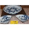 Image 1 : JAPANESE FAN SHAPED PORCELAIN PLATES IN UNDERGLAZE COBALT BLUE W/DESIGNS OF PINE, BAMBOO & PLUM, SIL