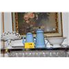 Image 1 : VINTAGE PASTEL BLUE ENAMEL COFFEE POTS & WESTMORELAND MILK GLASS PEDESTAL FRUIT BOWL & SERVING BOWL 