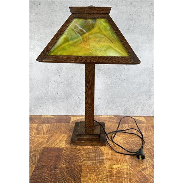 Arts and Crafts Oak Stained Glass Lamp