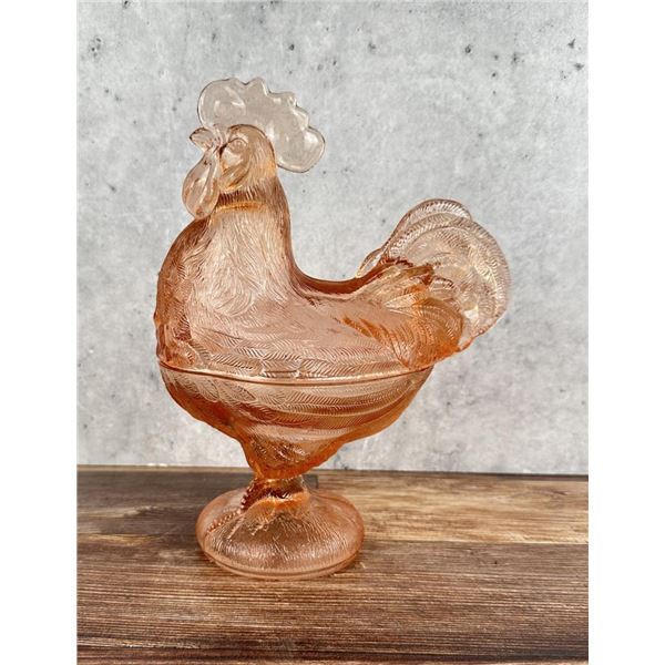 LE Smith Pink Glass Rooster Candy Dish