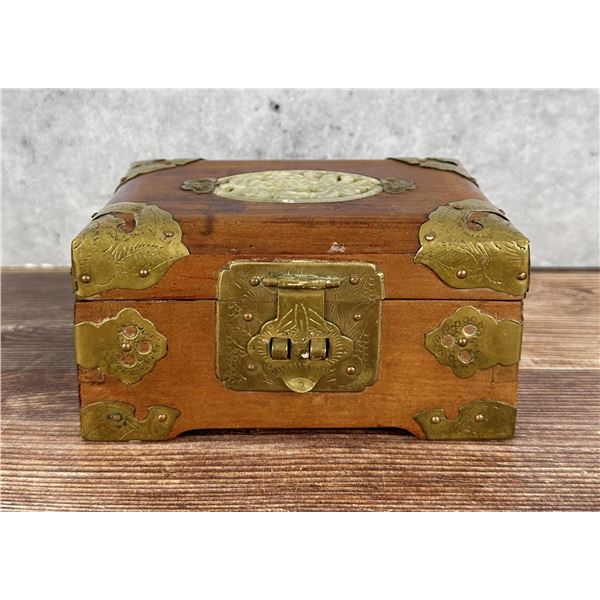 Chinese Jewelry Box With Brass & Jade Inlay