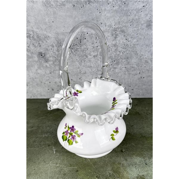 Fenton Glass Violets In The Snow Handled Basket