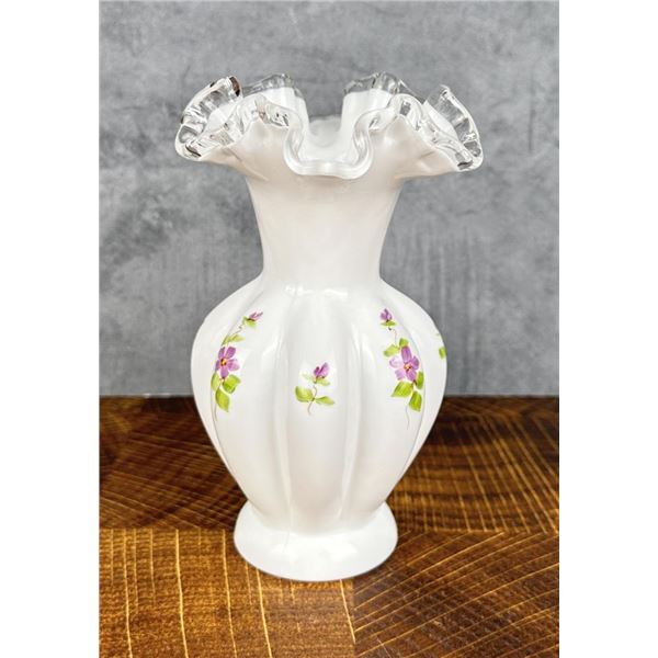 Fenton Glass Violets In The Snow Ruffled Vase