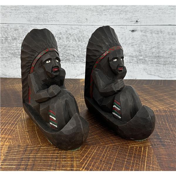 Carved Wood Indian Chief Book Ends