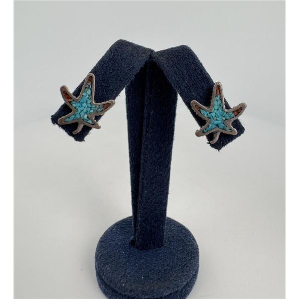 Zuni Chip Inlaid Sterling Silver Pot Leaf Earrings