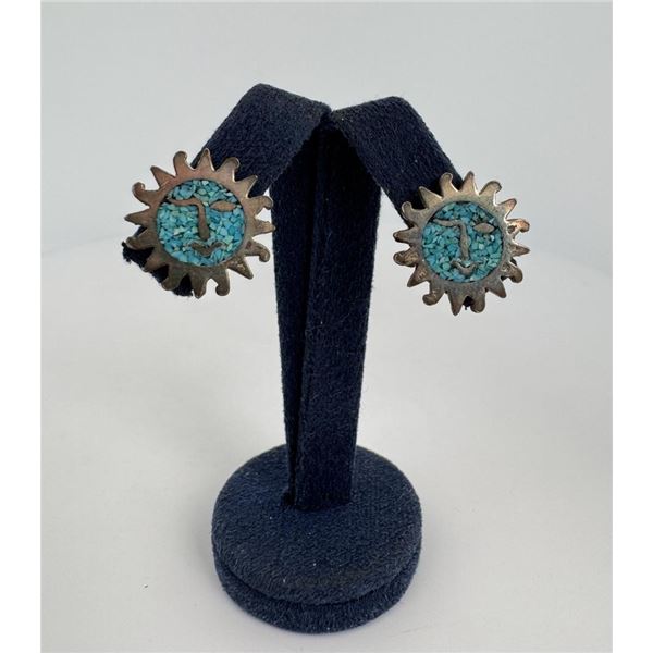 Zuni Chip Inlaid Sterling Silver Sun Earrings
