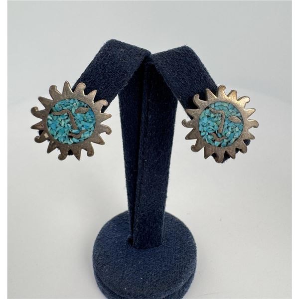 Zuni Chip Inlaid Sterling Silver Sun Earrings