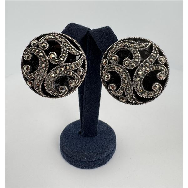 Sterling Silver Marcasite Onyx Earrings