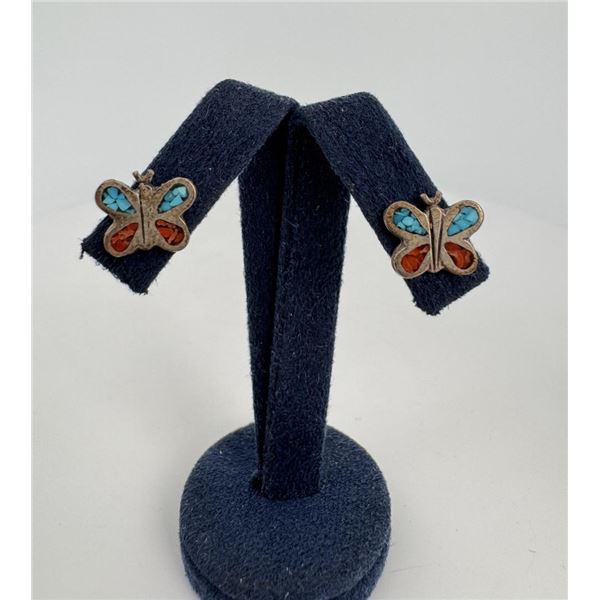 Zuni Chip Inlaid Sterling Butterfly Earrings