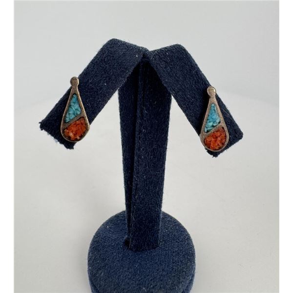 Zuni Chip Inlaid Sterling Silver Tear Earrings