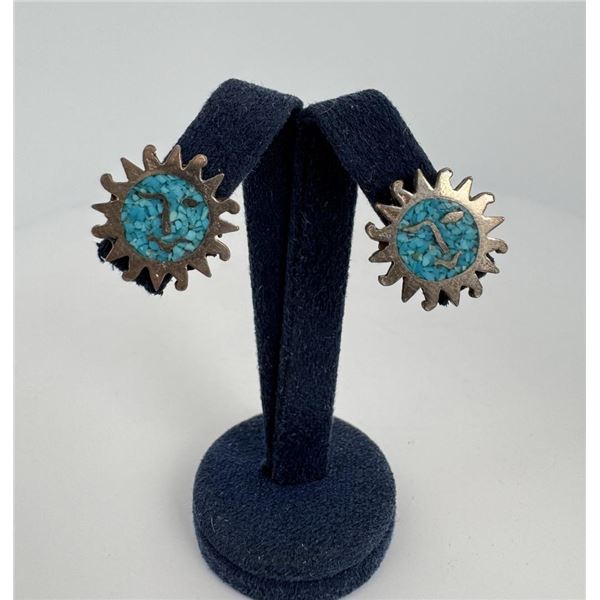 Zuni Chip Inlaid Sterling Silver Sun Earrings