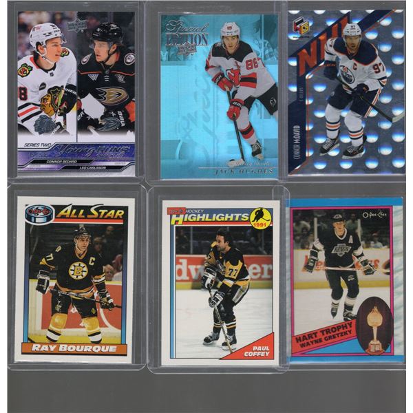 Bedard Checklist, McDavid, Jack Hughes, Gretzky, Coffey, Gretzky Upper Deck and 1991 O Pee Chee.