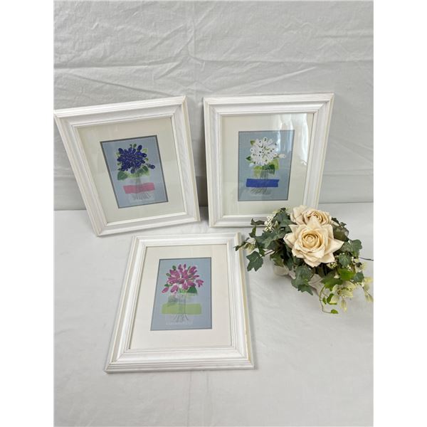 3 Framed Floral Prints & Faux Flower Arrangement
