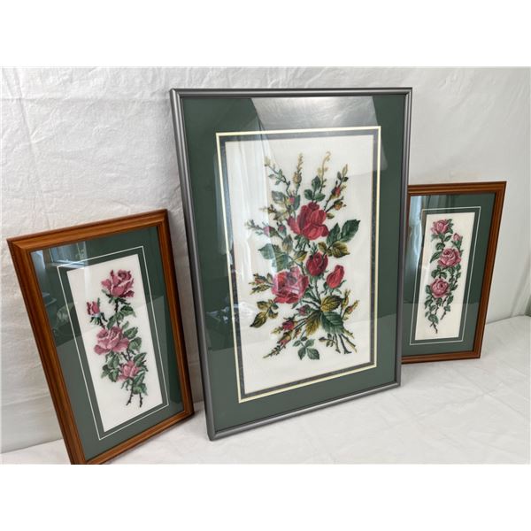 3 Framed Embroidered Rose Pieces
