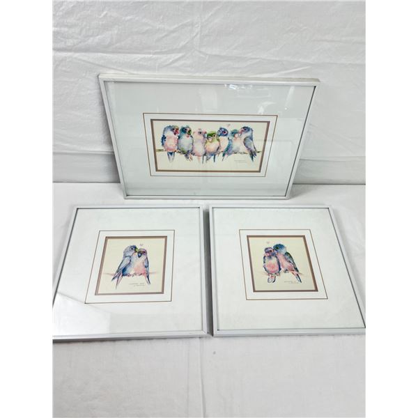3 Framed Lovebird Prints - Artist V. Pfeiffer