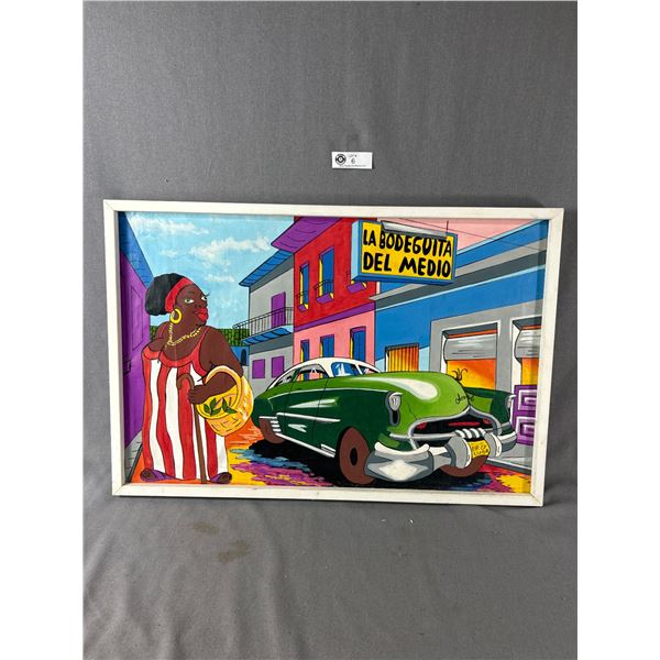 Framed Colourful Cuban Oil Painting On Canvas. Approx. 19" x 28"