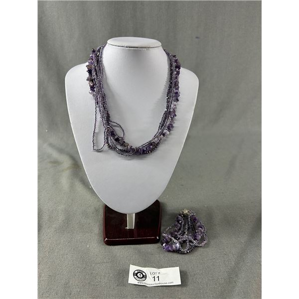 Genuine Multi-Strand Amethyst Necklace Approx. 20" L w/ Matching Bracelet