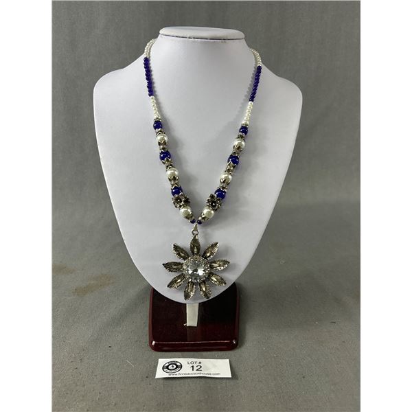 Pearl, Lapis Bead Rhinestone 20" Necklace w/ 2.5" Flower Pendant.