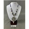 Image 1 : Pearl, Lapis Bead Rhinestone 20" Necklace w/ 2.5" Flower Pendant.
