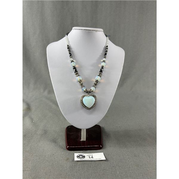 Moonstone Hematite Rhinestone 19" Necklace w/ 2" Heart Pendant