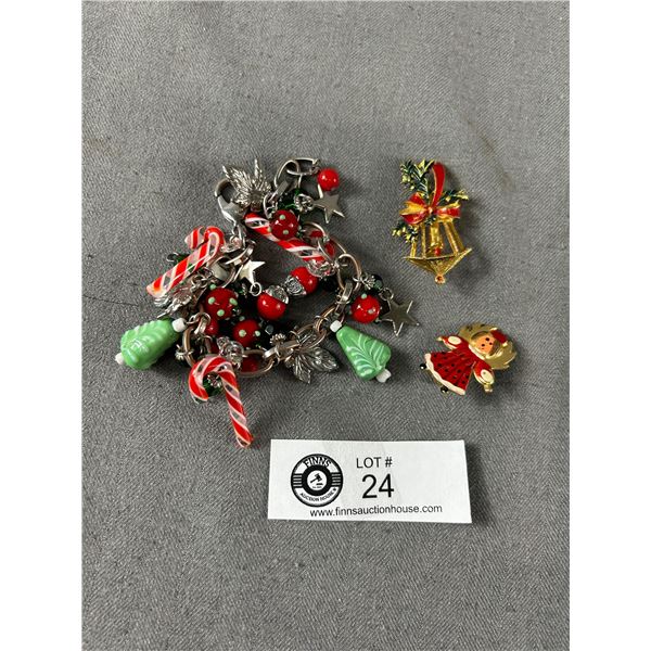 Vintage Christmas Pins & Glass Charms Bracelet