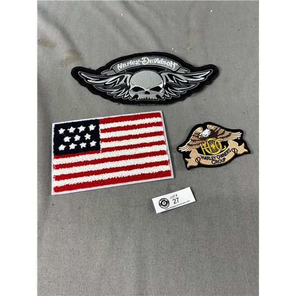 2 Harley Davidson Patches (5" x 3.5" & 12" x 5") & 1 American Flag Patch (8" x 5")