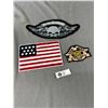 Image 1 : 2 Harley Davidson Patches (5" x 3.5" & 12" x 5") & 1 American Flag Patch (8" x 5")