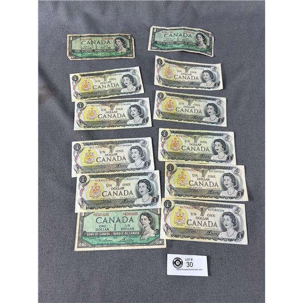 12 Vintage Canadian $1 Paper Bills Includes 3 From 1954