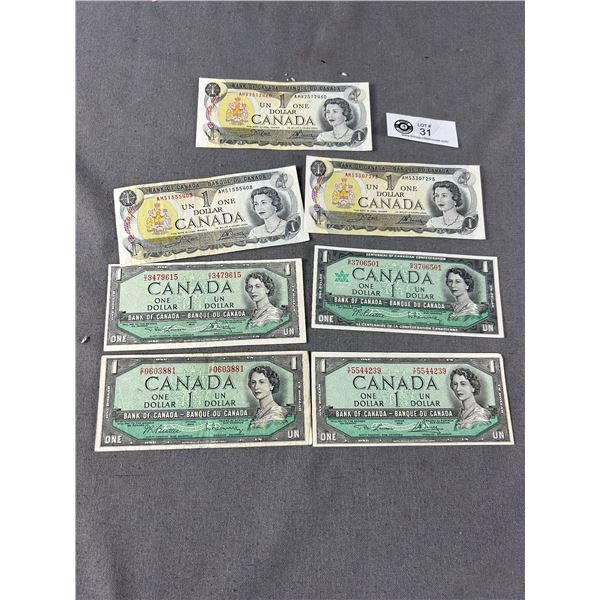 7 Vintage Canadian $1 Paper Bills Includes 3 From 1954 & 1 Centennial