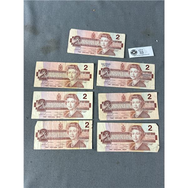 7 1986 Canadian $2 Paper Bills