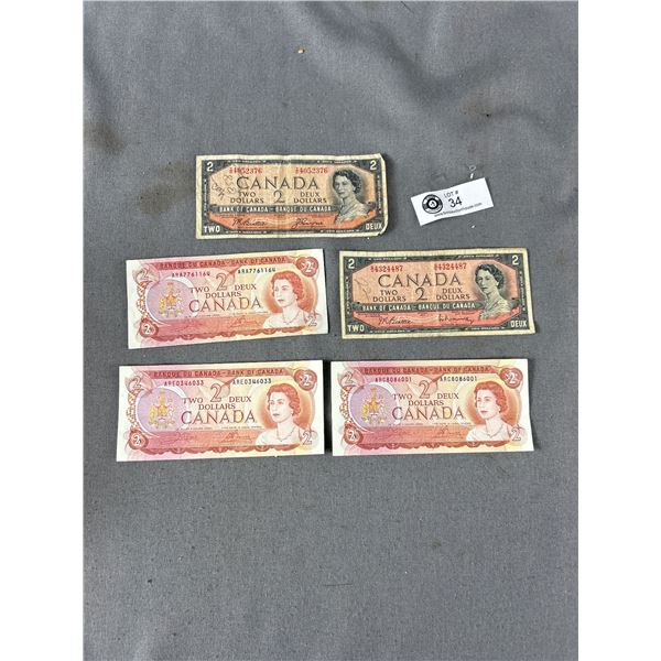 5 Canadian $2 Paper Bills - 2 1954 & 3 1974
