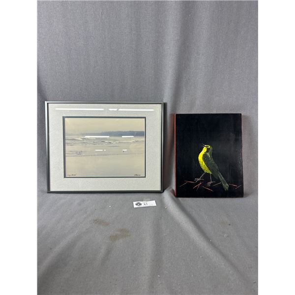 8" x 10" Bird Painting On Wood & Signed Dave Bristow Long Beach Photograph. Approx. 14" x 11"