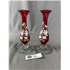 Image 1 : Beautiful Pair of 7" Tall Bohemian Hand Painted Cranberry Glass Bud Vases