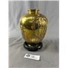 Image 1 : Lovely Solid Brass 7" Tall Vase w/ Iris Flower Design w/ Wood Stand- Asian Makers Mark